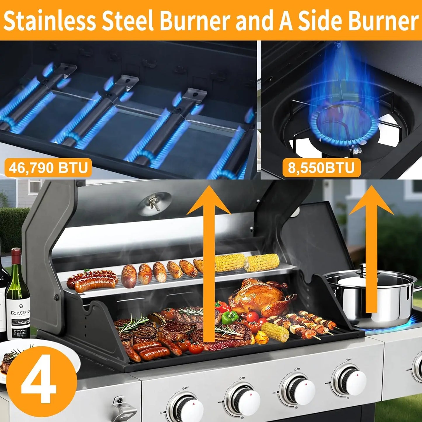 4 Burner Propane Gas BBQ Grill With Side Burner Stainless
