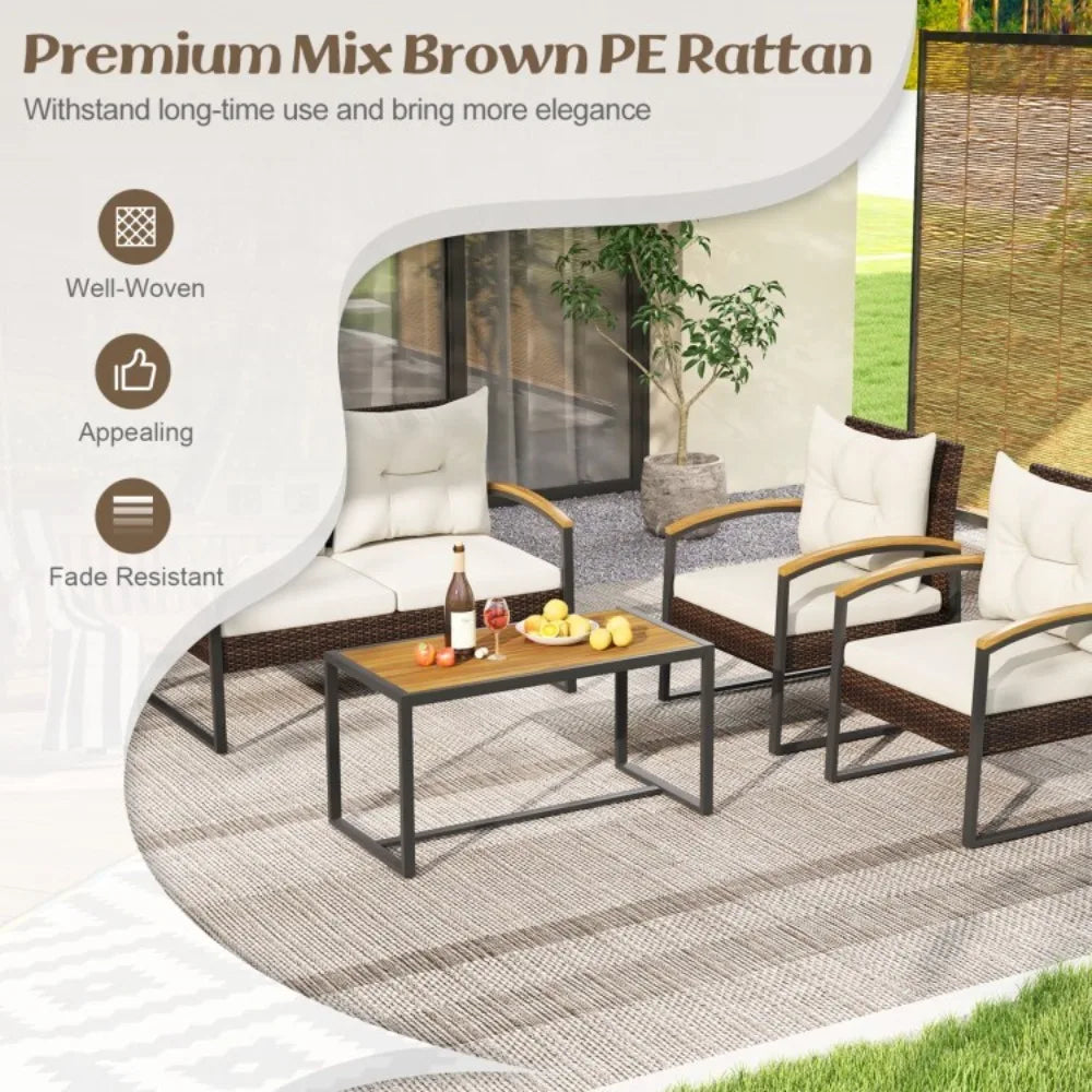 Patio Outdoor Rattan Conversation Sofa Set With Tabletop And Cushions