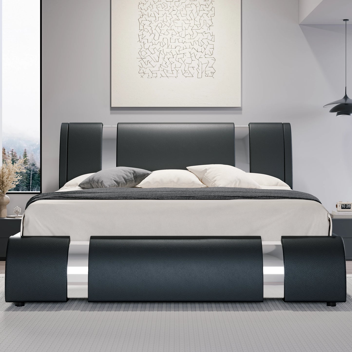 HOOMI Modern Faux Leather Bed Frame With Iron Accents