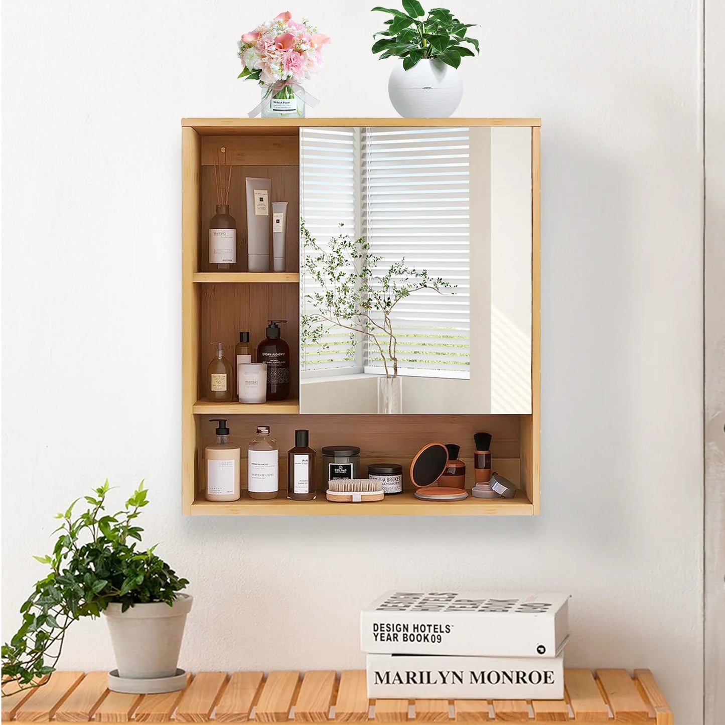 Wisfor Bamboo Wall Medicine Cabinet With Mirror Bathroom Storage