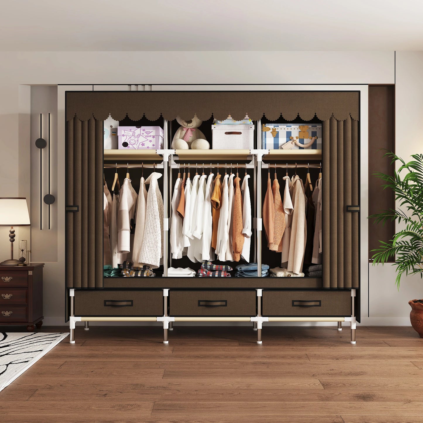Noned Fabric Wardrobe with Drawers and Dust Cover for Bedroom