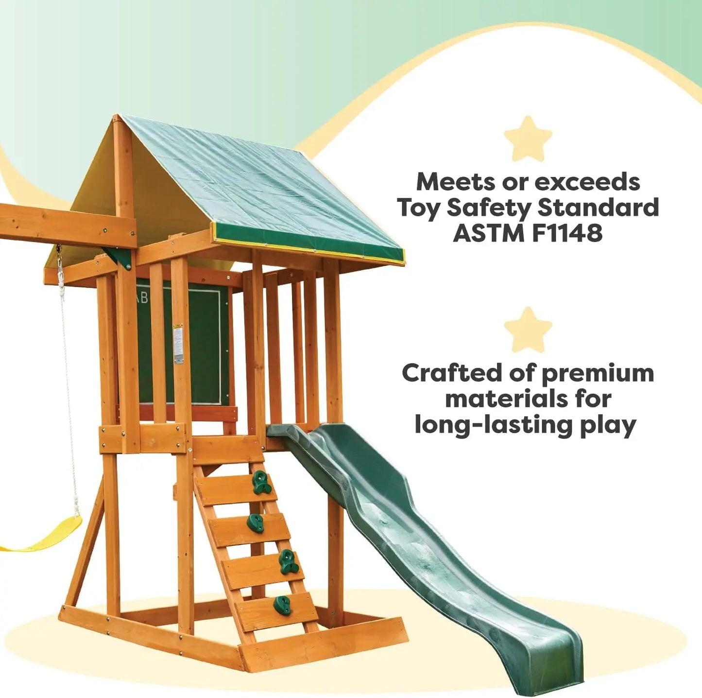 Outdoor Wooden Swing Set with Chalk Wall and Shaded Deck