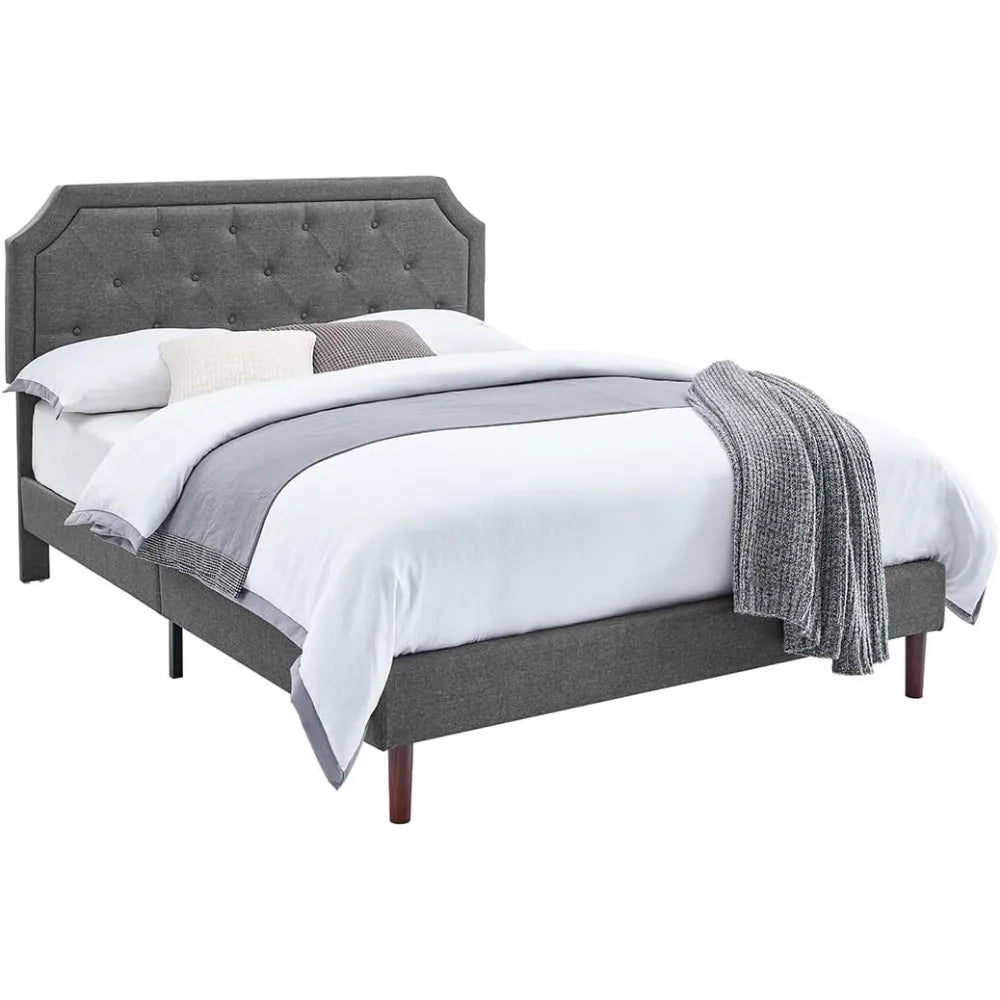 Platform Bed Frame With Wood Slat Support And Tufted Headboard