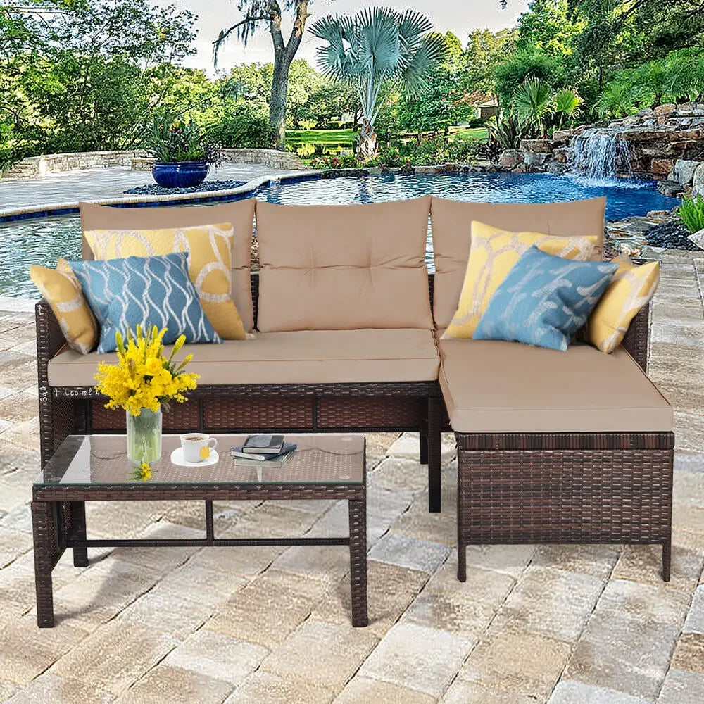 Outdoor 3 Piece Wicker Rattan Sofa Set With Waterproof Cushions