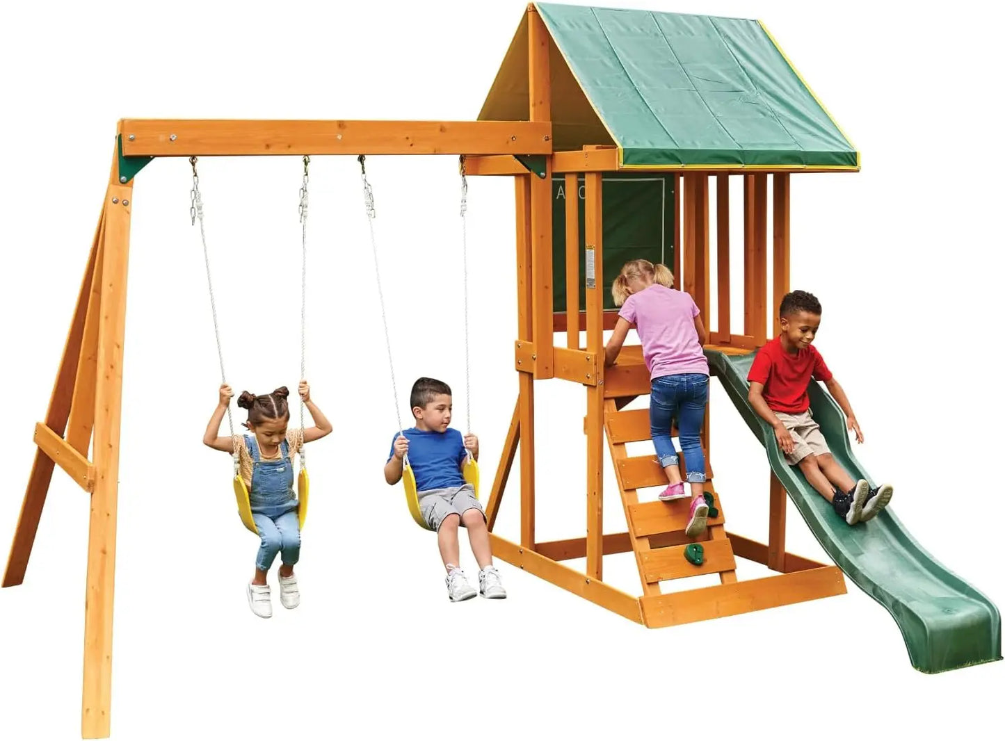 Outdoor Wooden Swing Set with Chalk Wall and Shaded Deck