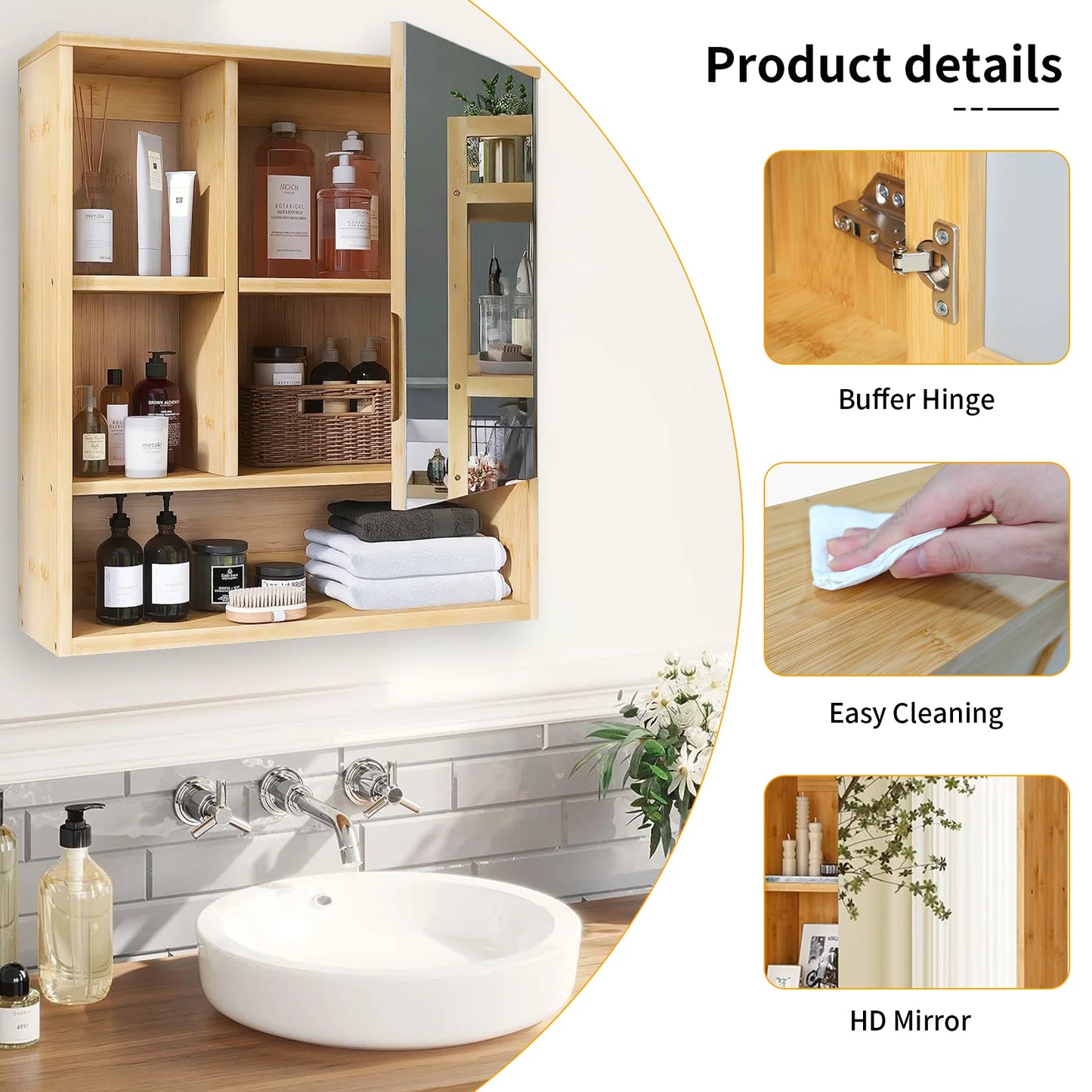 Wisfor Bamboo Wall Medicine Cabinet With Mirror Bathroom Storage