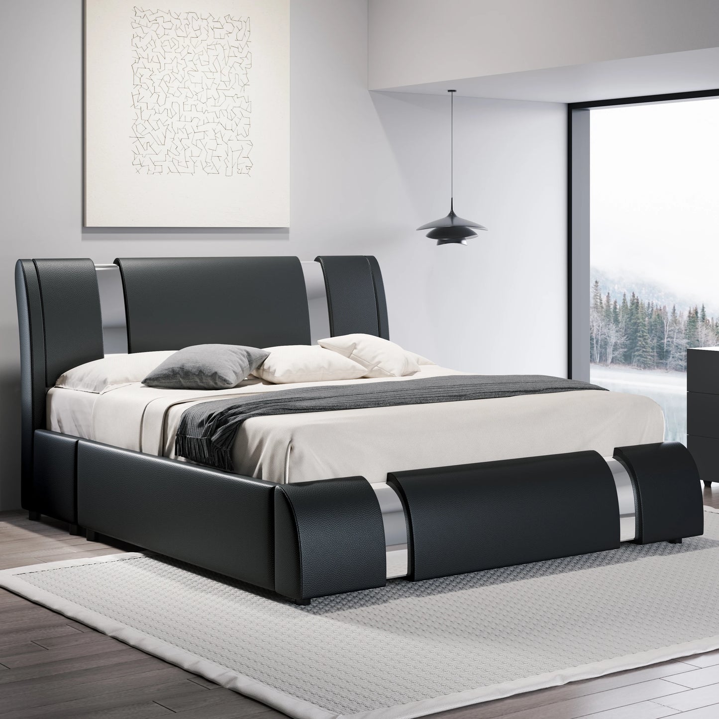 HOOMI Modern Faux Leather Bed Frame With Iron Accents