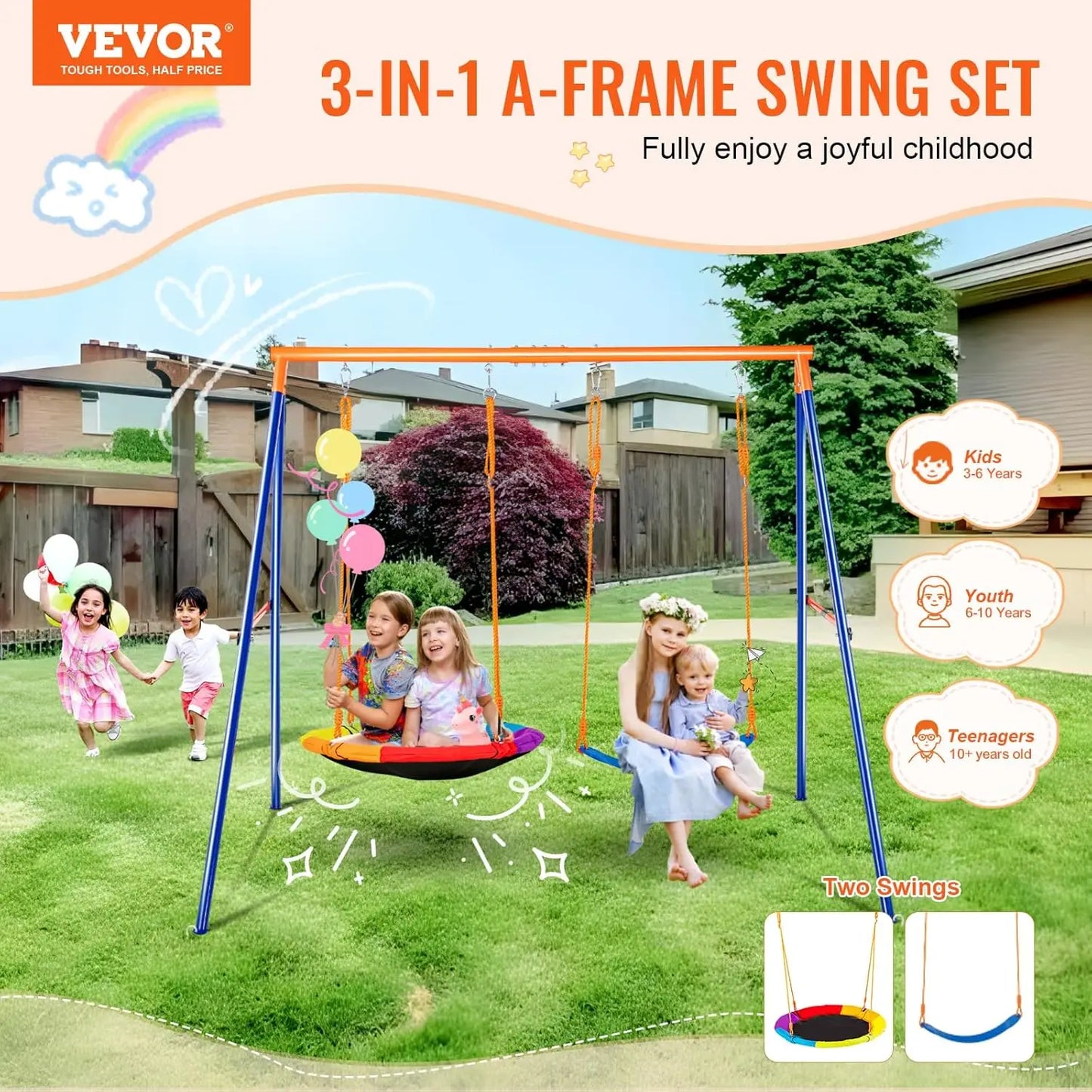Heavy Duty A-Frame Swing Set With Saucer And Belt Seats