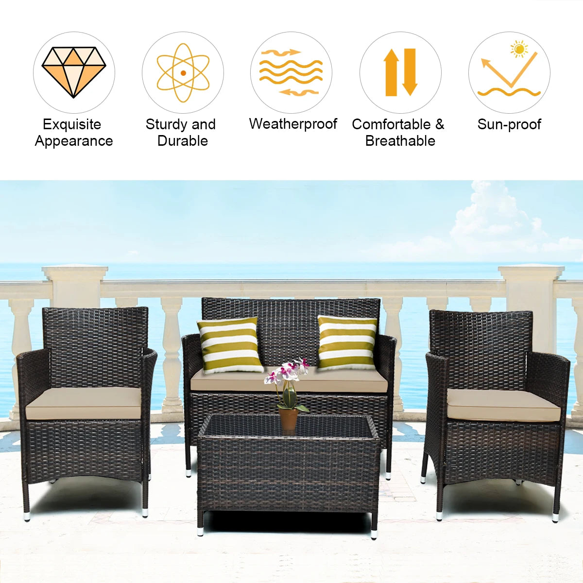 HOMASIS Rattan Patio Furniture Set Cushioned Sofa Chair Table
