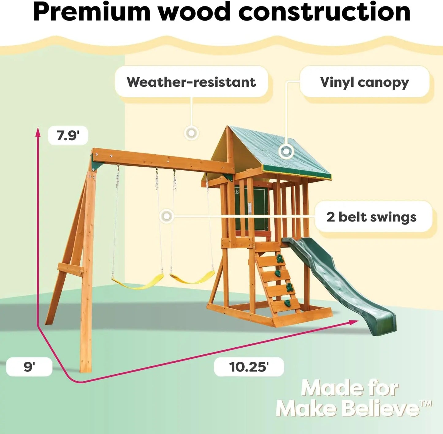Outdoor Wooden Swing Set with Chalk Wall and Shaded Deck