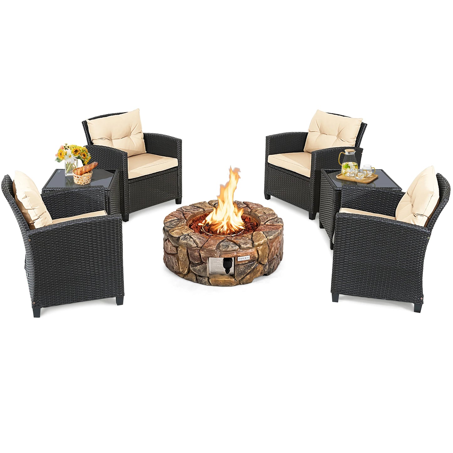 HOMASIS 7 Piece Patio Rattan Set With Gas Fire Pit