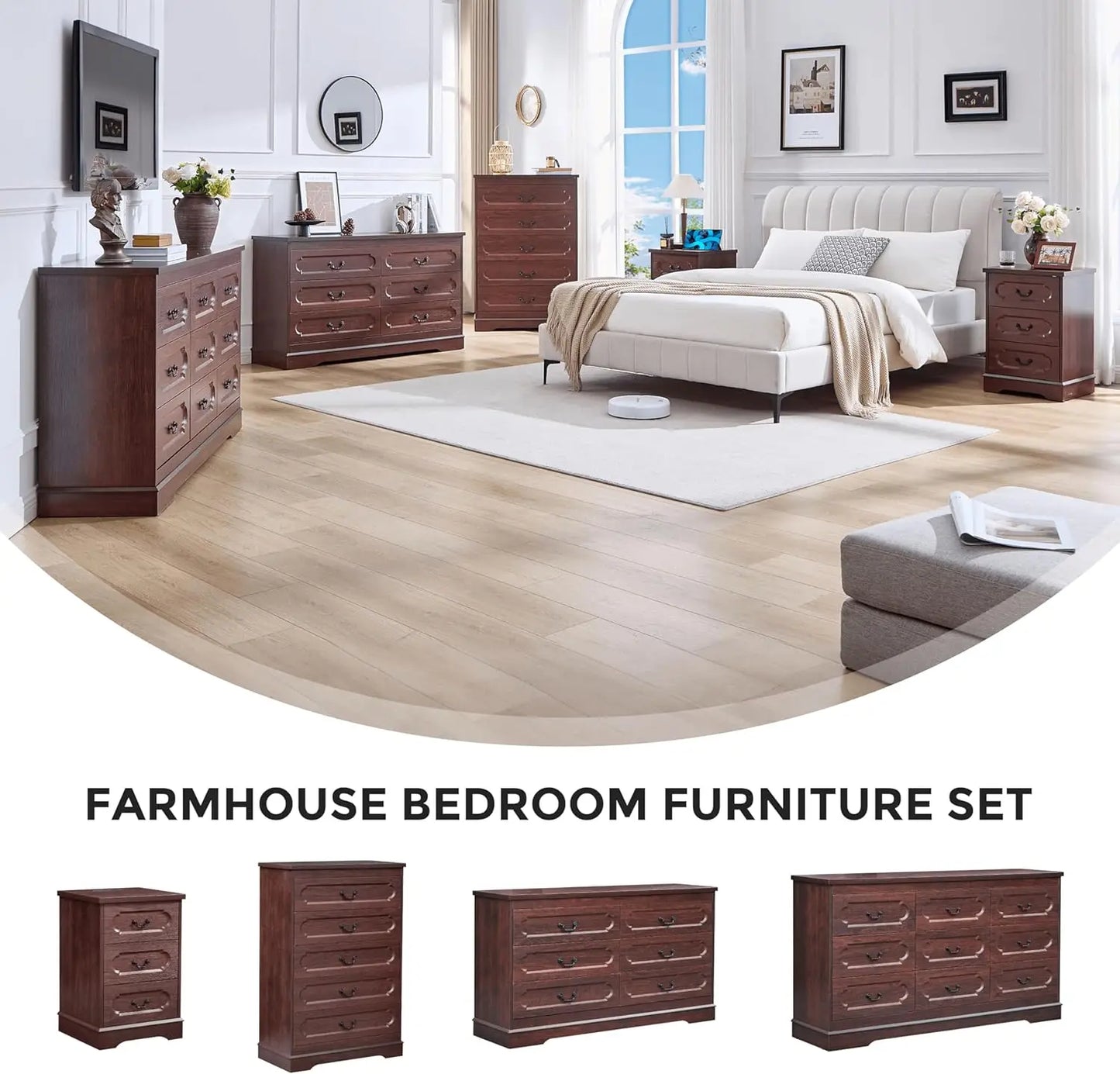 Farmhouse Cherry Wood Dresser With Wide Drawers For Bedroom