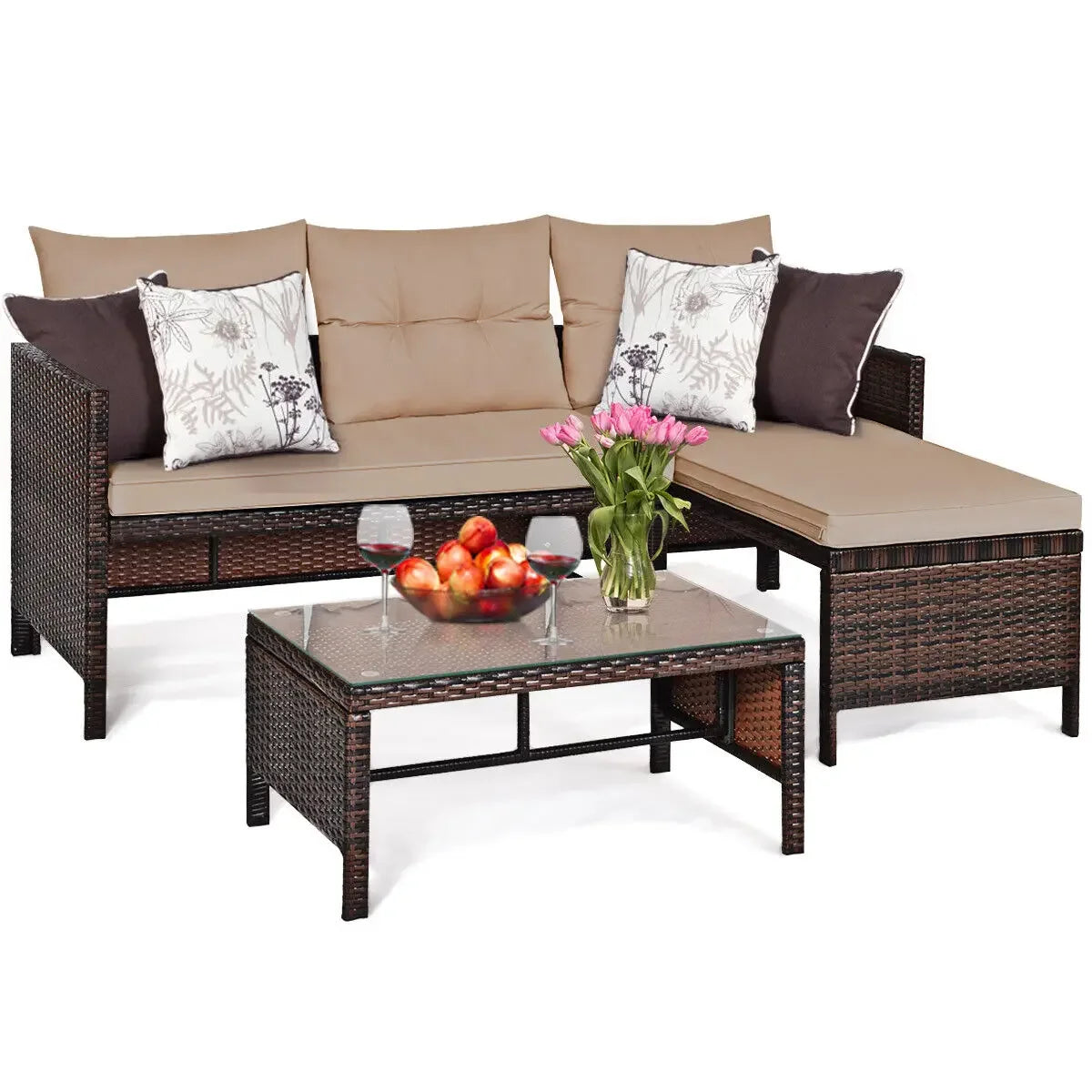 Outdoor 3 Piece Wicker Rattan Sofa Set With Waterproof Cushions