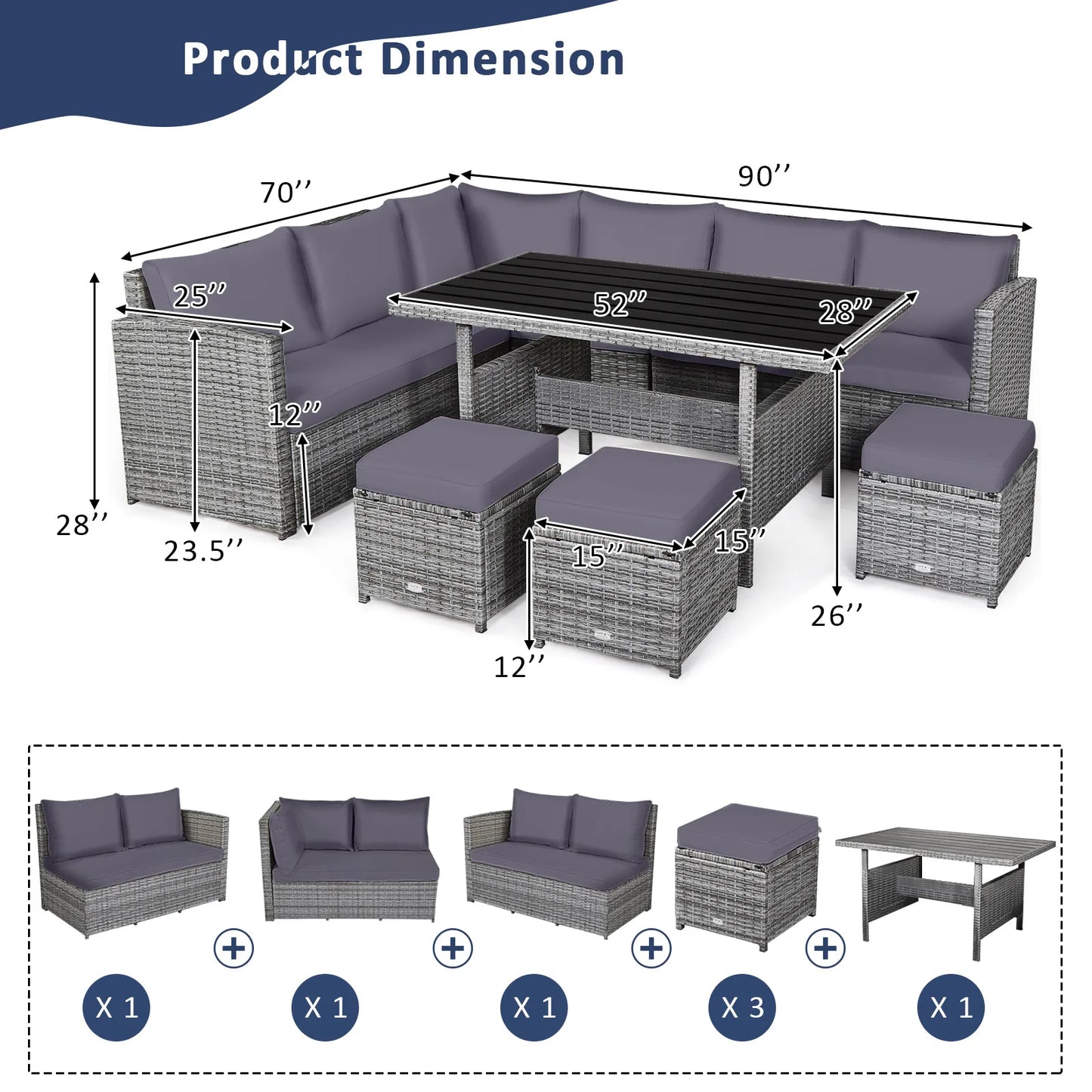 HOMASIS 7-Piece Patio Rattan Dining Set with Sectional Sofa Ottomans