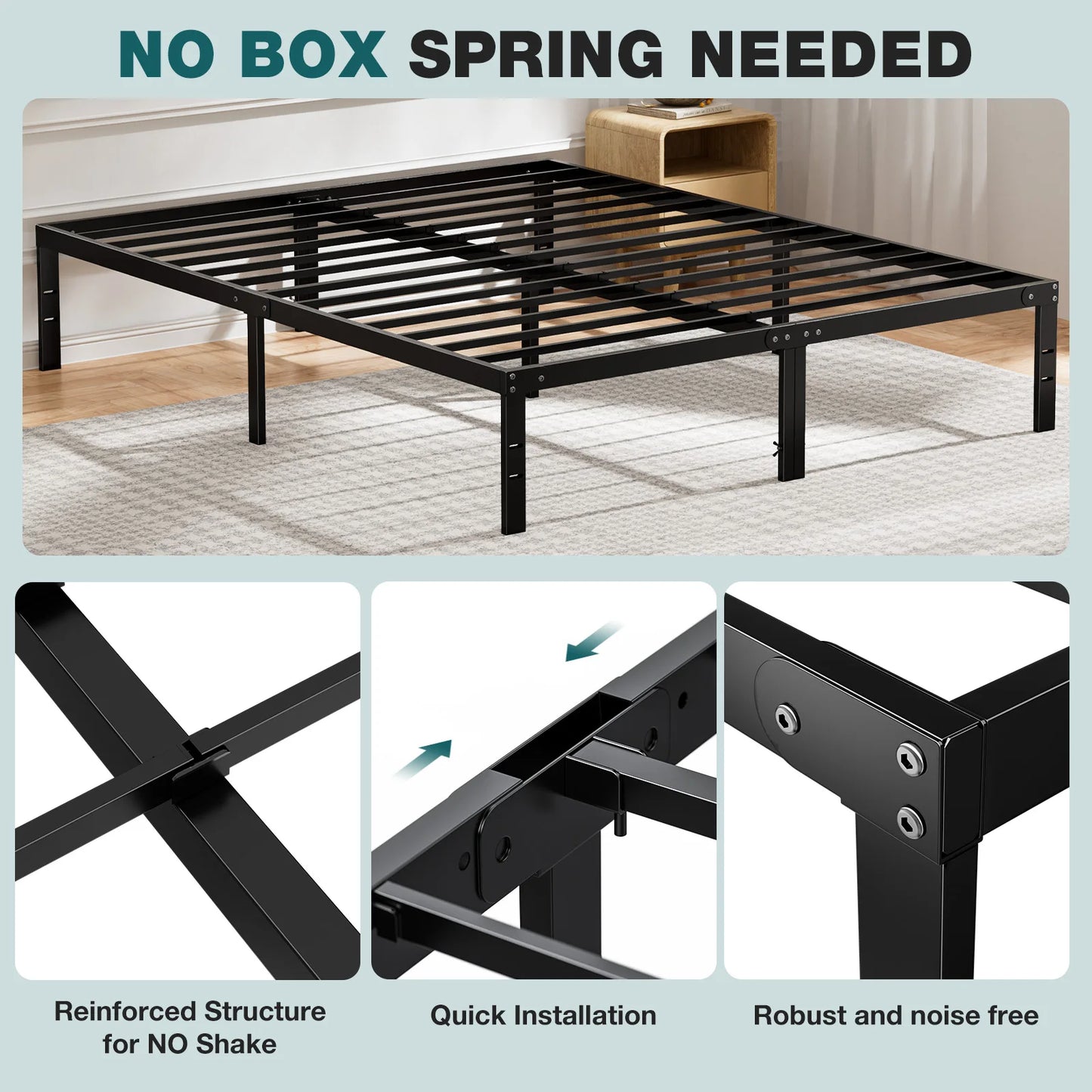 JHK Metal Bed Frame Platform Storage And Steel Slat Support