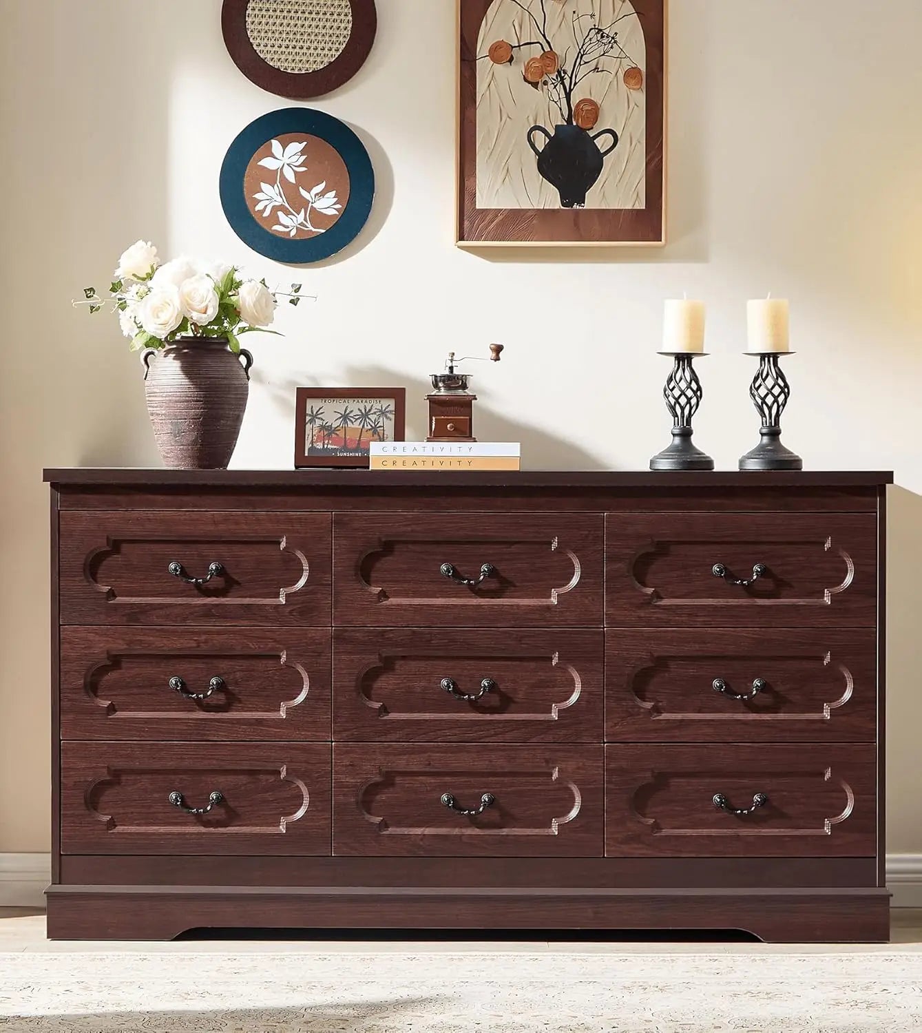 Farmhouse Cherry Wood Dresser With Wide Drawers For Bedroom