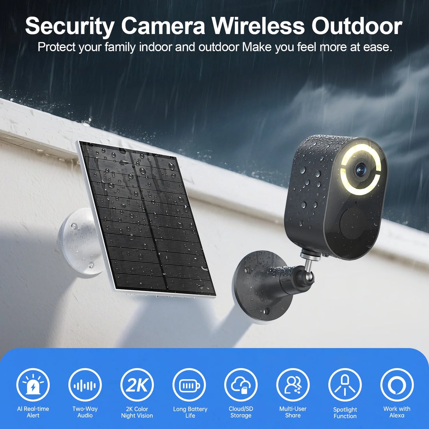 WESECUU Solar Outdoor Security Camera Bullet Motion Two Way Audio
