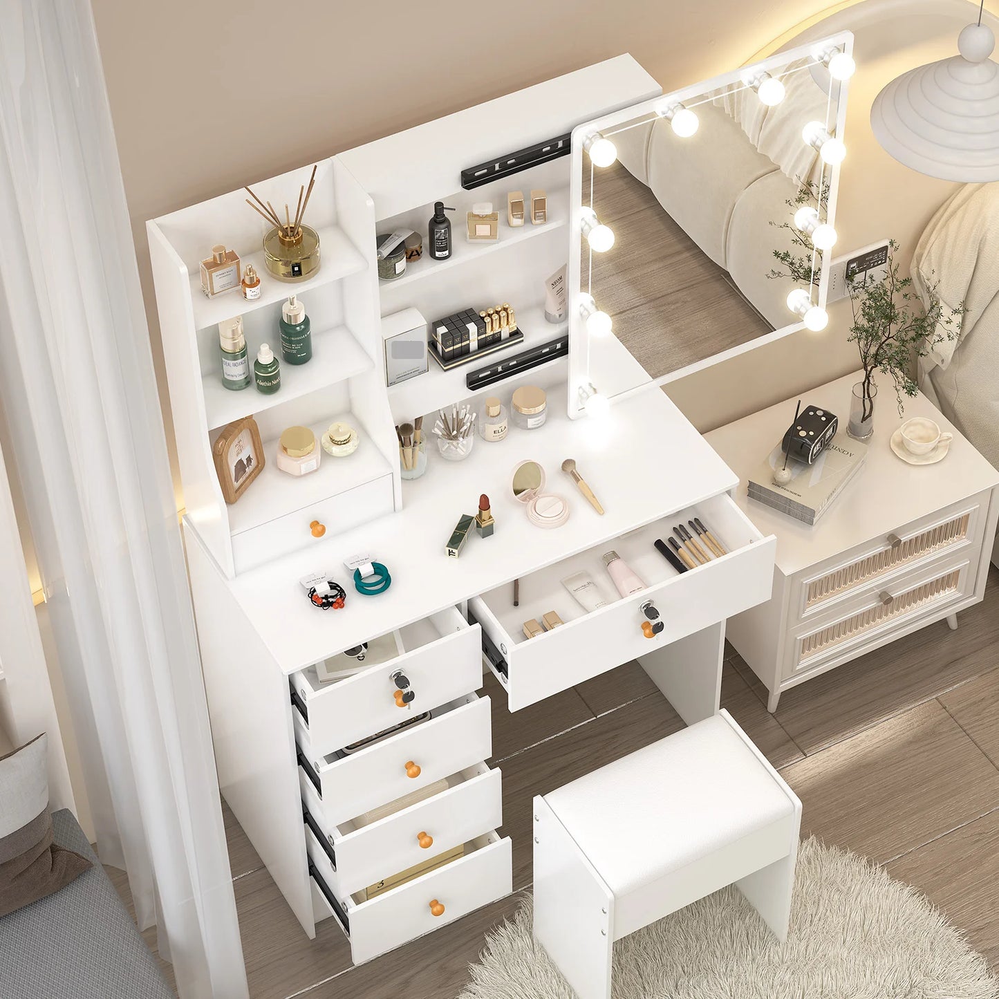 Lighted Vanity Desk Dressing Table Stool And LED Makeup Mirror