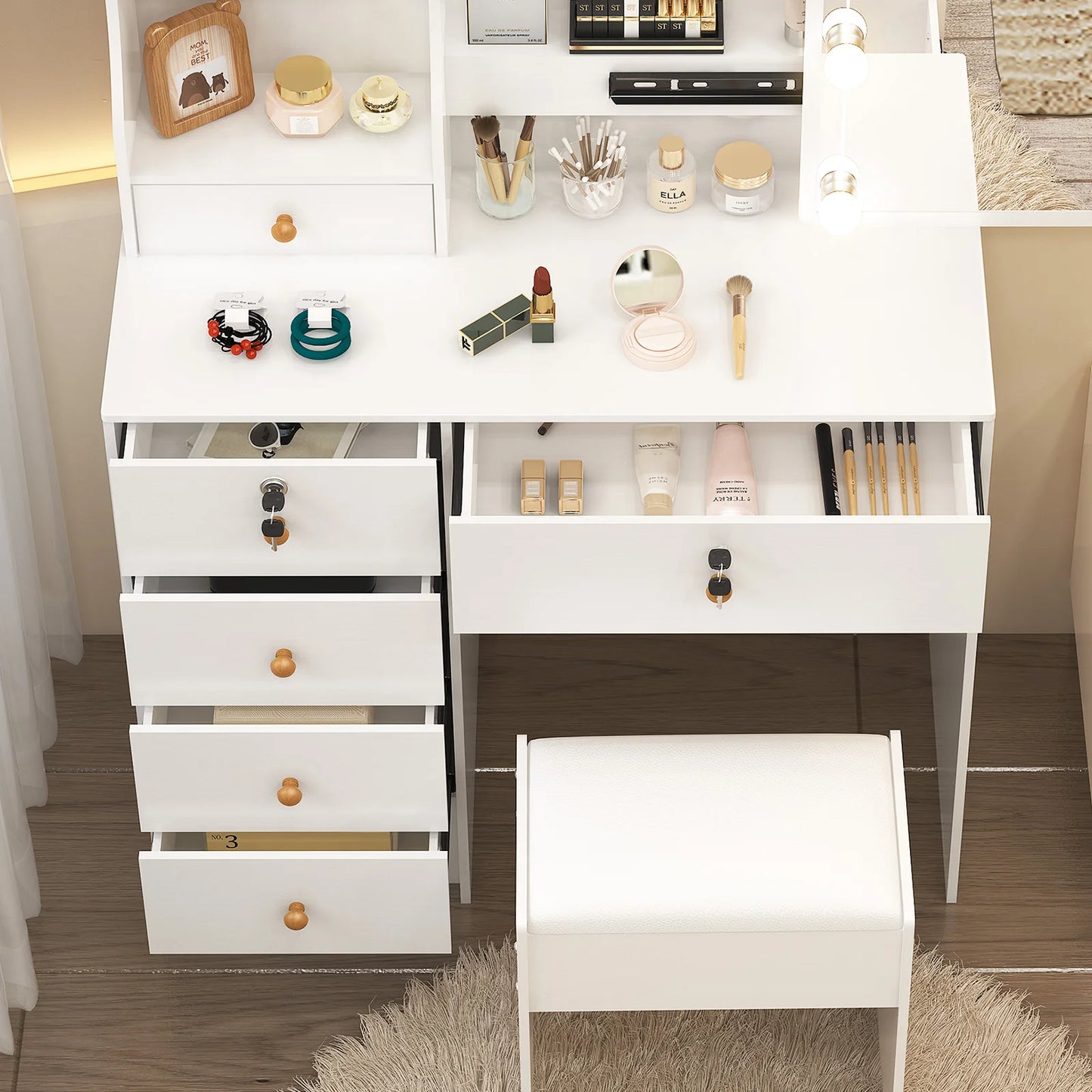 Lighted Vanity Desk Dressing Table Stool And LED Makeup Mirror