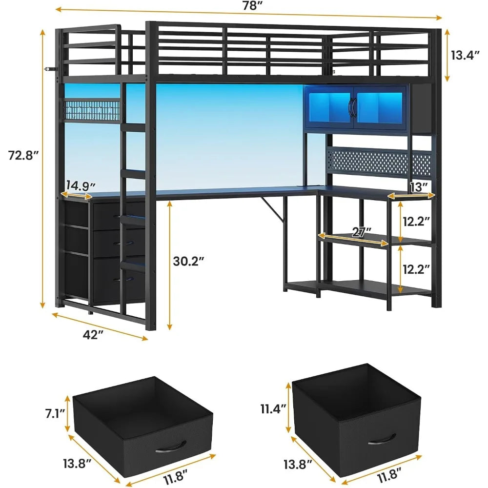 Loft Bed With L Shaped Desk Storage Hutch Safety Outlet