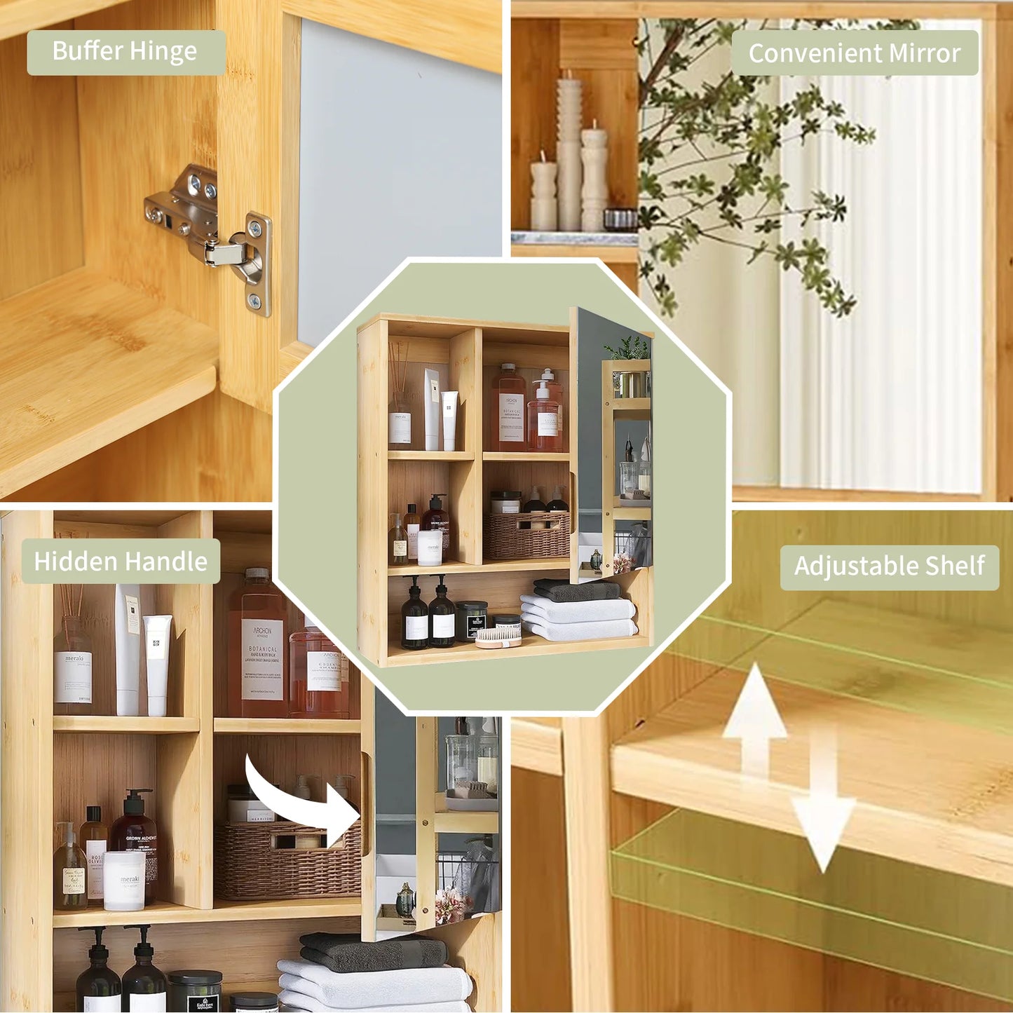 Wisfor Bamboo Wall Medicine Cabinet With Mirror Bathroom Storage