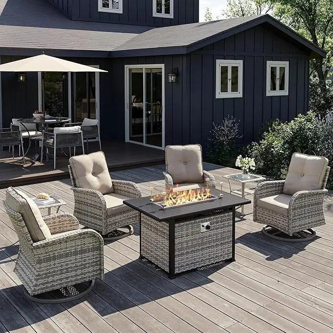 7 Piece Outdoor Wicker Patio Bistro Set With Rocking Chairs