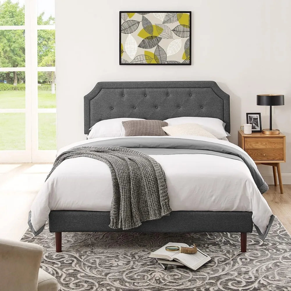 Platform Bed Frame With Wood Slat Support And Tufted Headboard