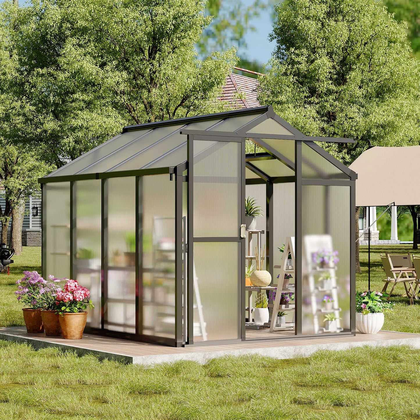 DishyKooker Aluminum Walk-In Greenhouse With Roof Vent Polycarbonate Outdoors