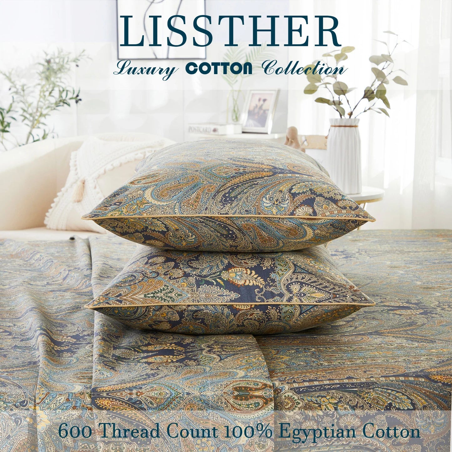 LISSTHERCN 3 Piece 600TC Egyptian Cotton Duvet Cover Set