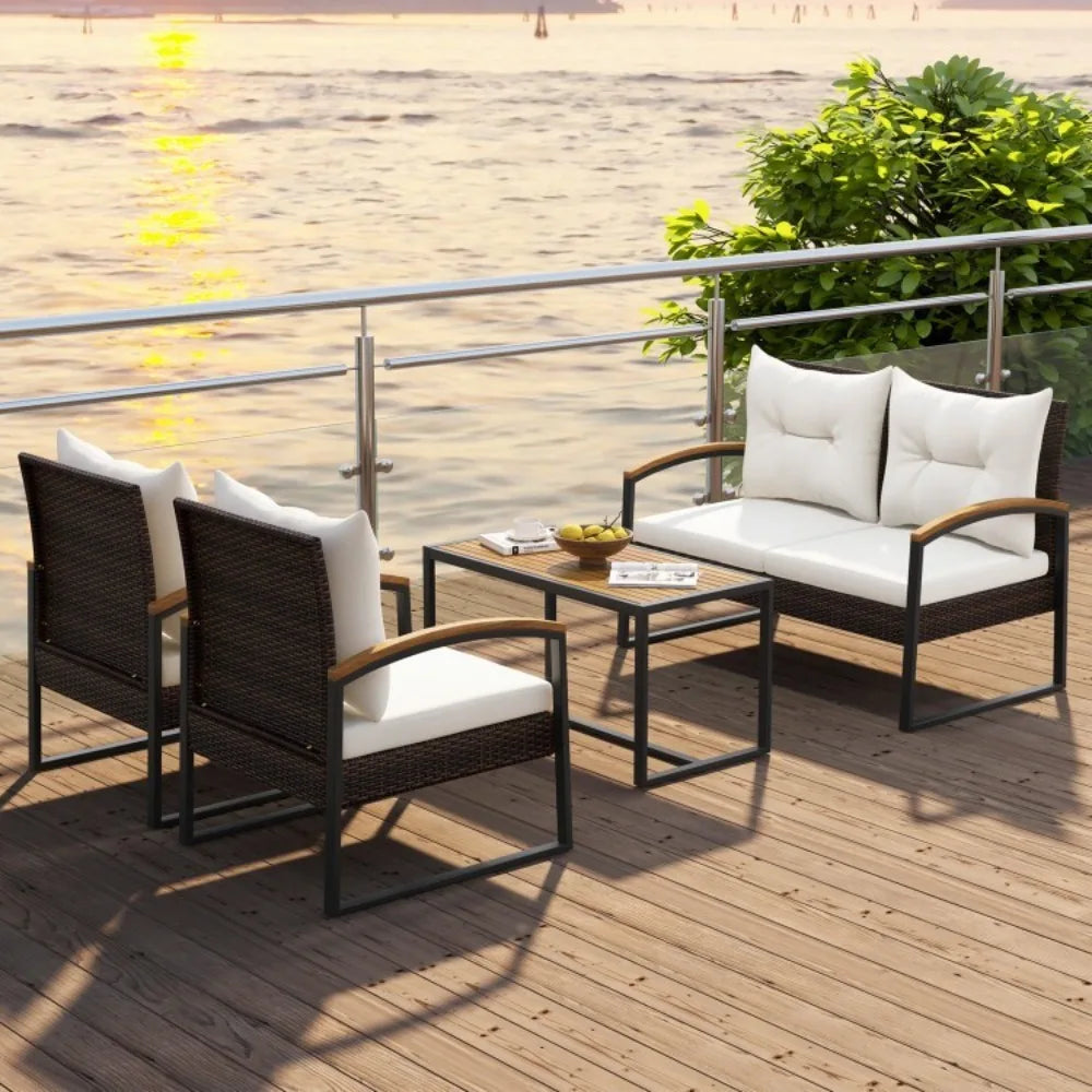 Patio Outdoor Rattan Conversation Sofa Set With Tabletop And Cushions