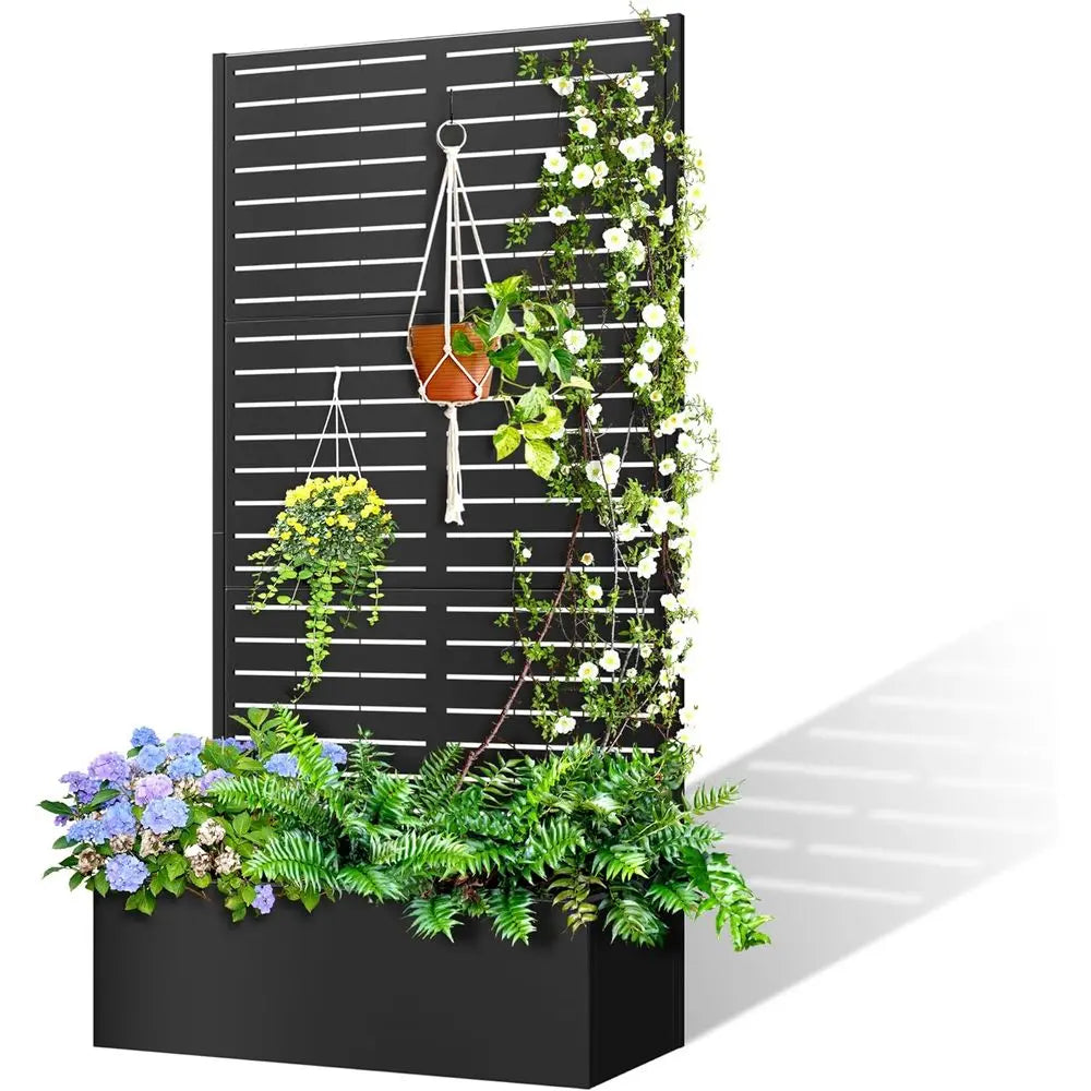 Galvanized Metal Louvered Planter Box With Trellis For Outdoor Gardens
