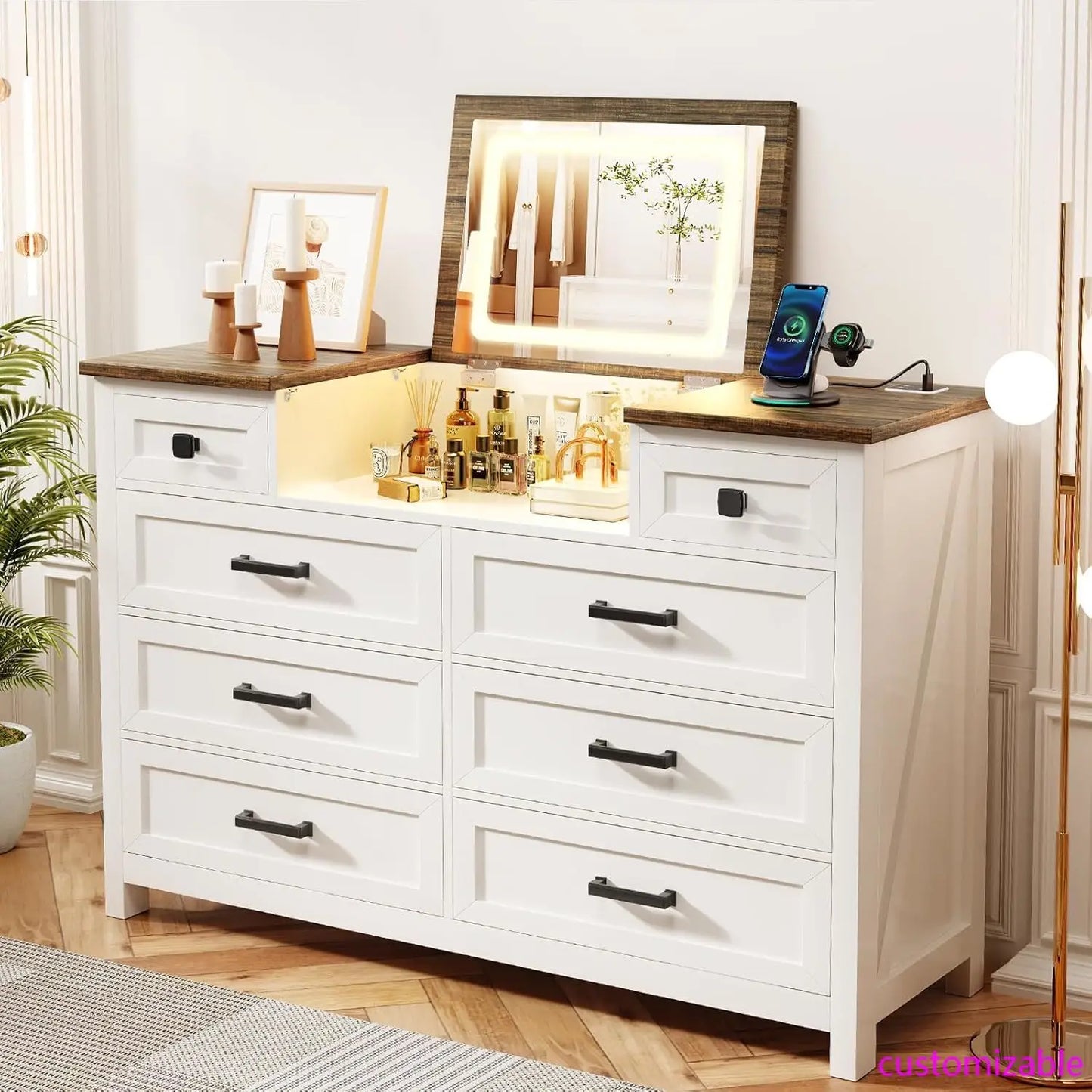 XMSJ Dresser With Mirror LED Vanity 8 Drawer Charging Station