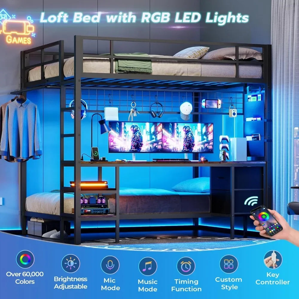 XMSJ Bunk Bed With Desk, Storage, Charging Station, LED Lights