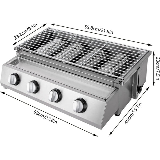 Professional Four Burner Stainless Steel Portable Tabletop Gas Grill Smokeless