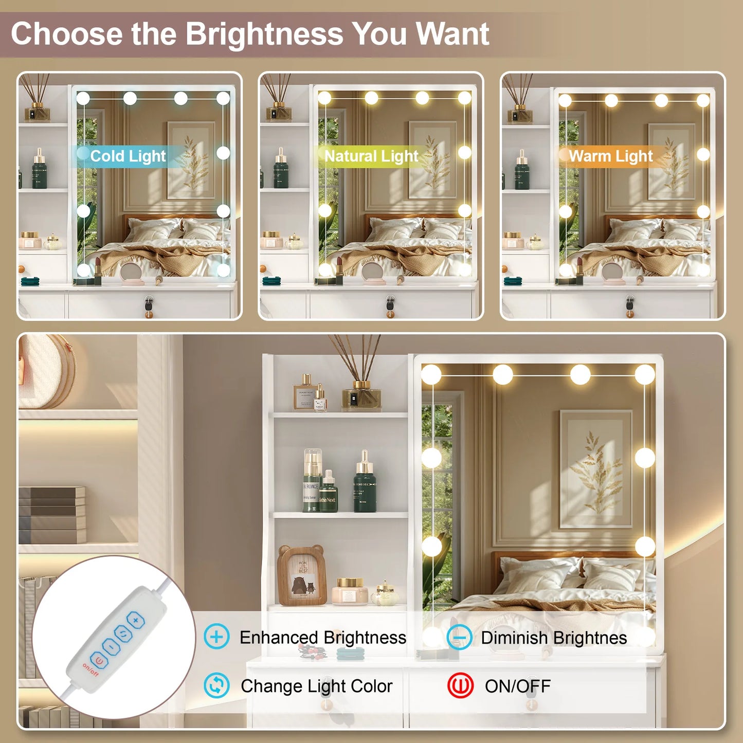 Lighted Vanity Desk Dressing Table Stool And LED Makeup Mirror