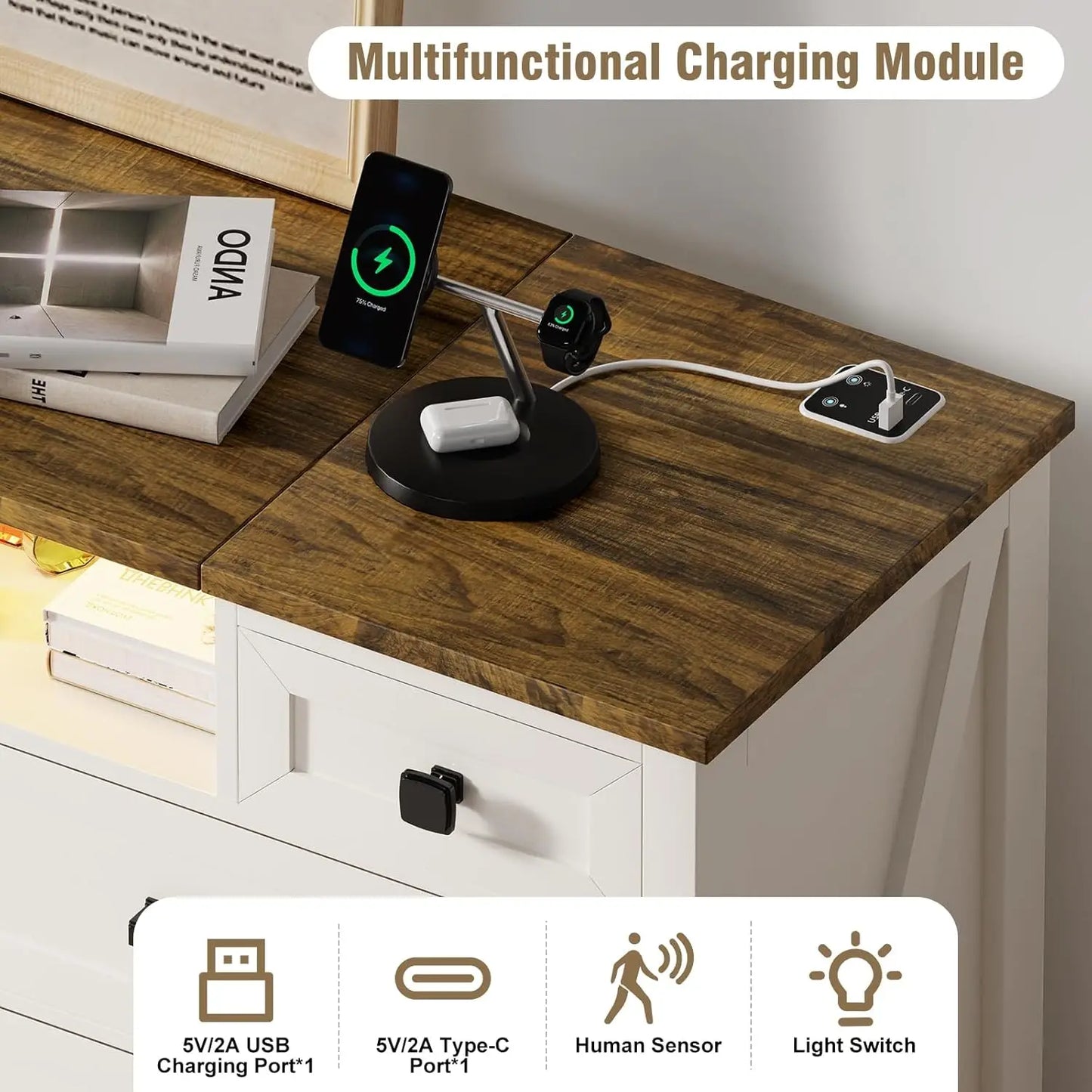 XMSJ Dresser With Mirror LED Vanity 8 Drawer Charging Station