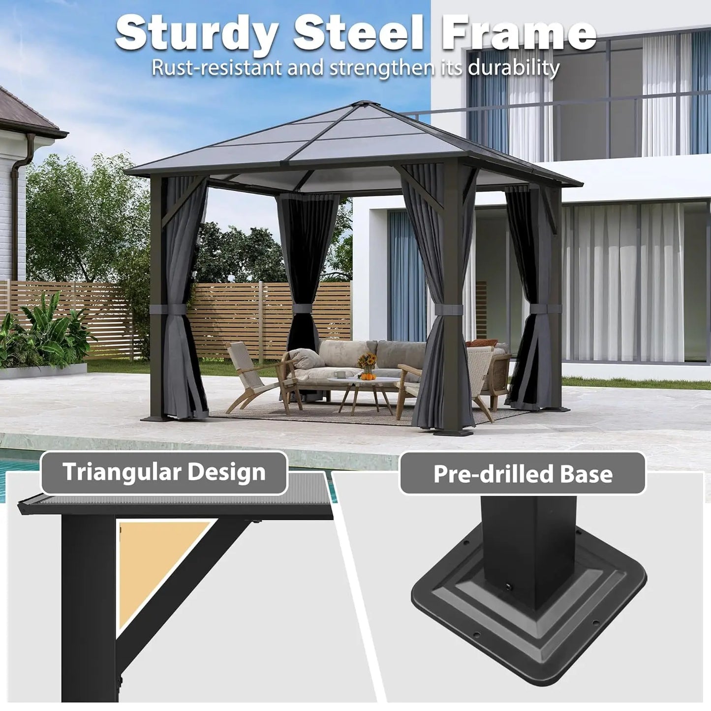 Outdoor Gazebo Hardtop With Polycarbonate Roof And Steel Frame