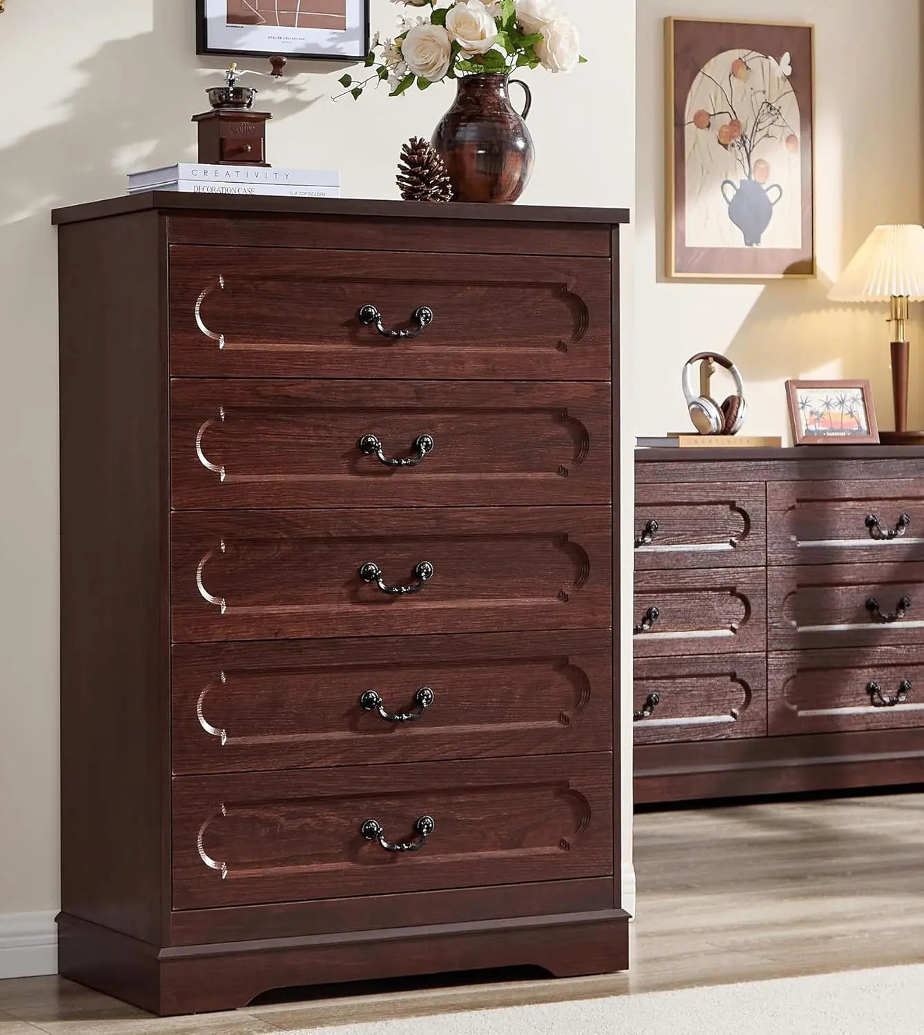 Farmhouse Cherry Wood Dresser With Wide Drawers For Bedroom