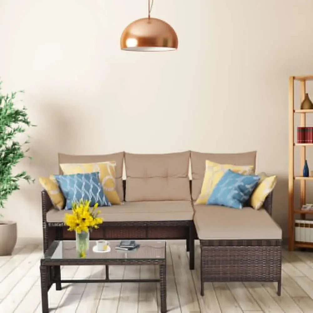 Outdoor 3 Piece Wicker Rattan Sofa Set With Waterproof Cushions