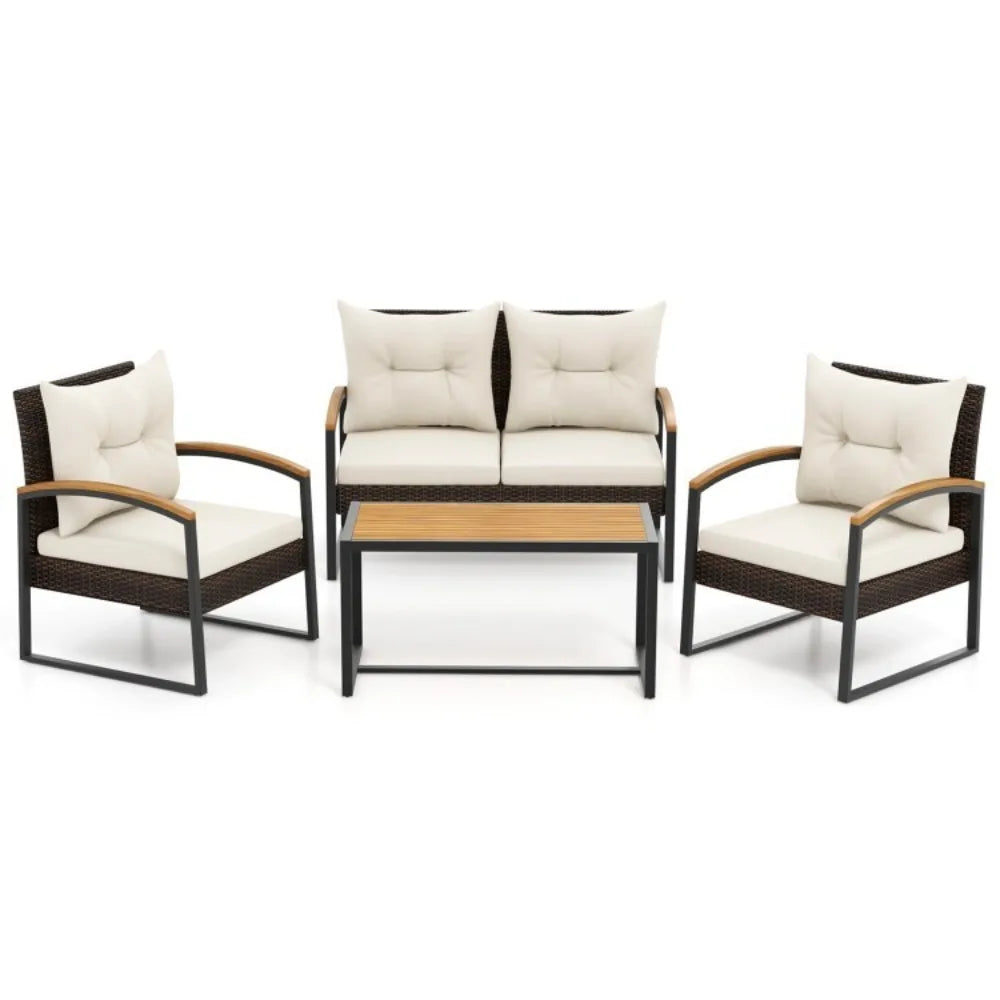 Patio Outdoor Rattan Conversation Sofa Set With Tabletop And Cushions