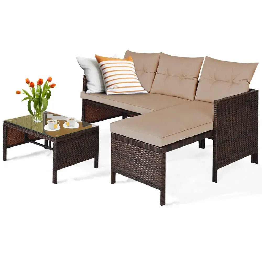 Outdoor 3 Piece Wicker Rattan Sofa Set With Waterproof Cushions