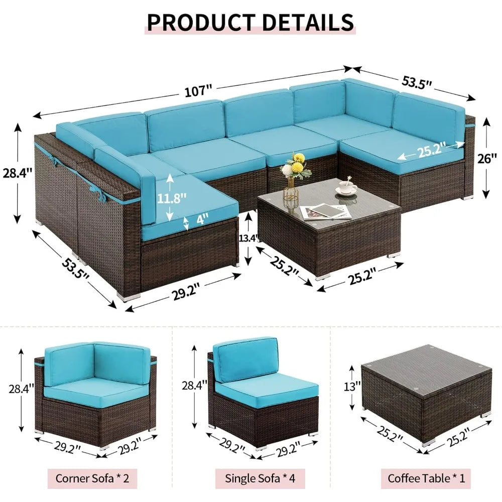 Outdoor Patio Furniture Set 7 Pieces PE Rattan Sectional Sofa Waterproof Cover