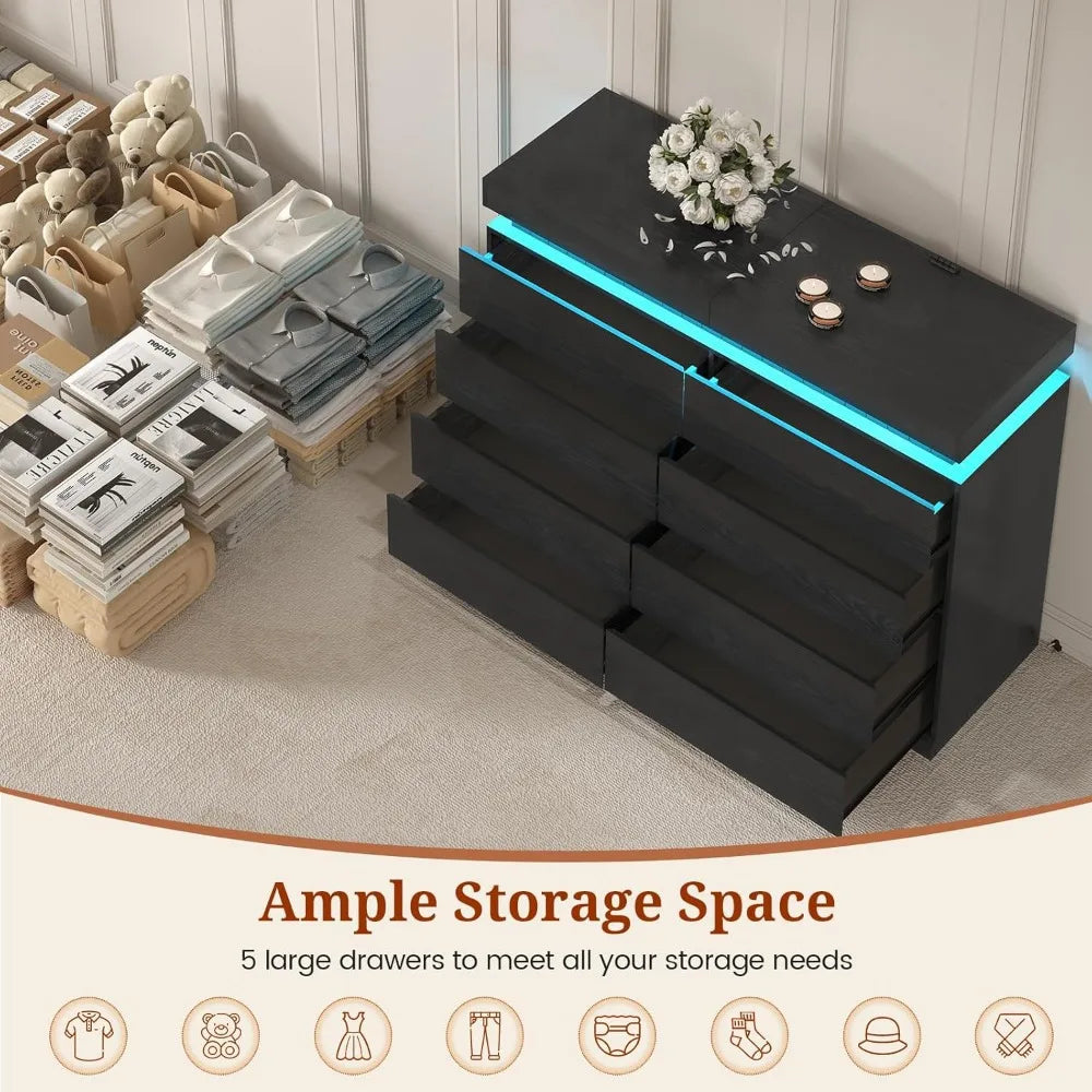 Modern Dresser With 8 Drawers And LED Power Outlet