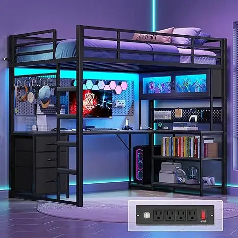 Loft Bed With L Shaped Desk Storage Hutch Safety Outlet