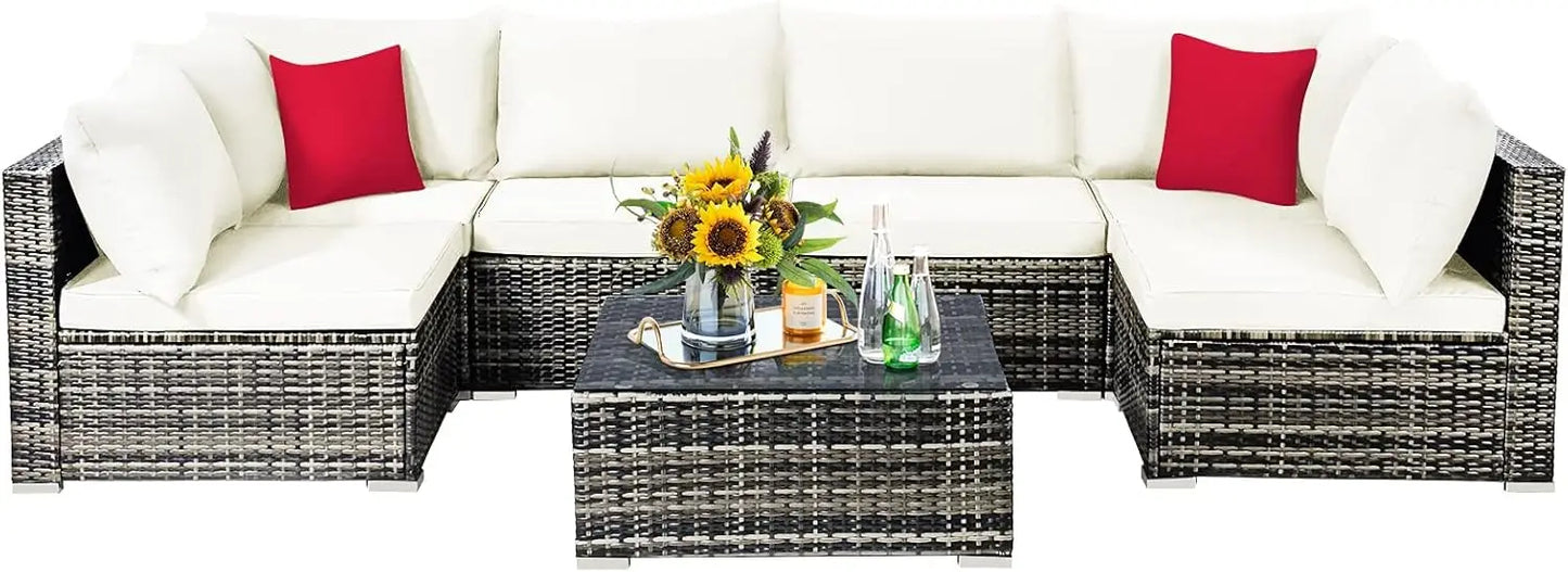 Patiojoy Outdoor Rattan Furniture Set With Cushions And Coffee Table