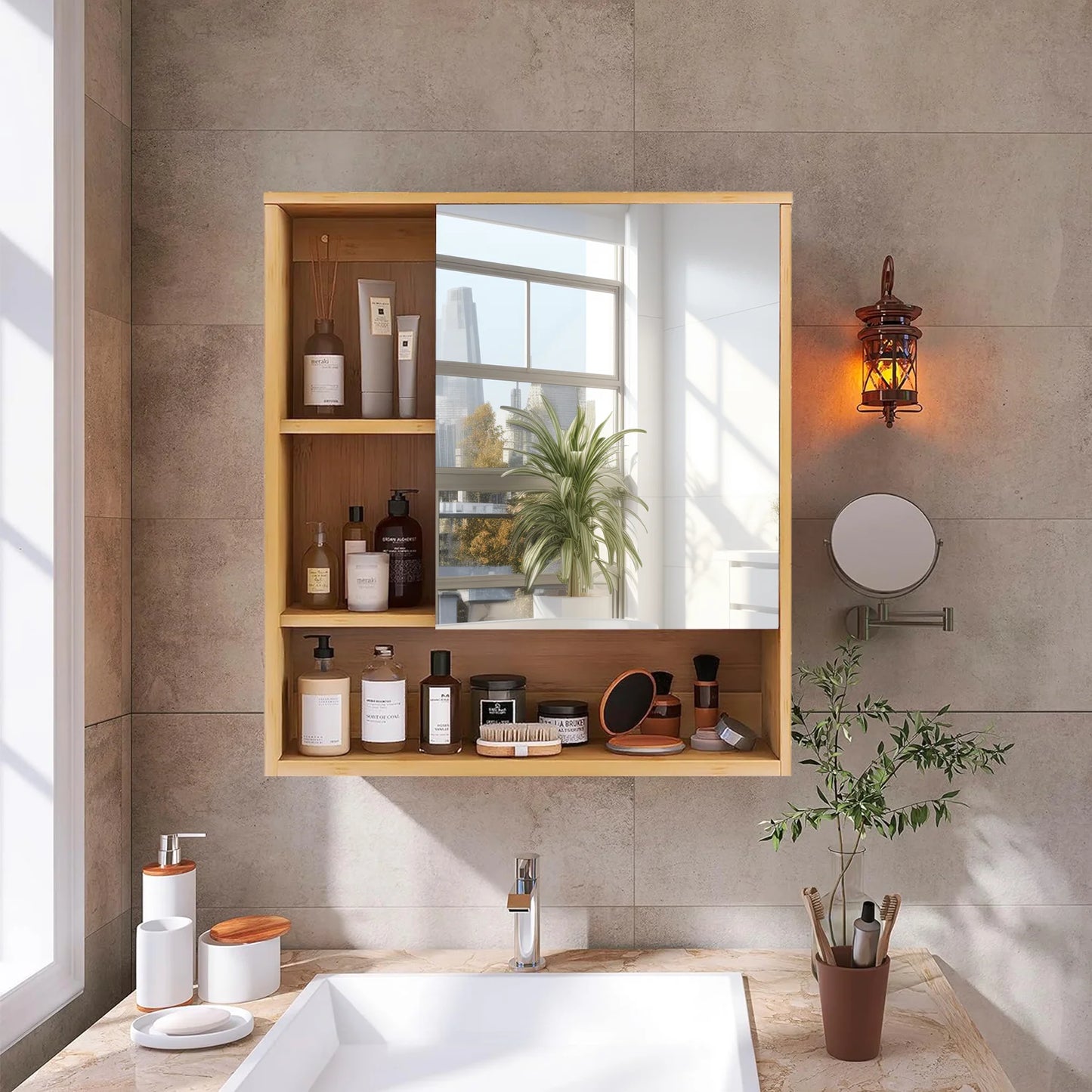 Wisfor Bamboo Wall Medicine Cabinet With Mirror Bathroom Storage