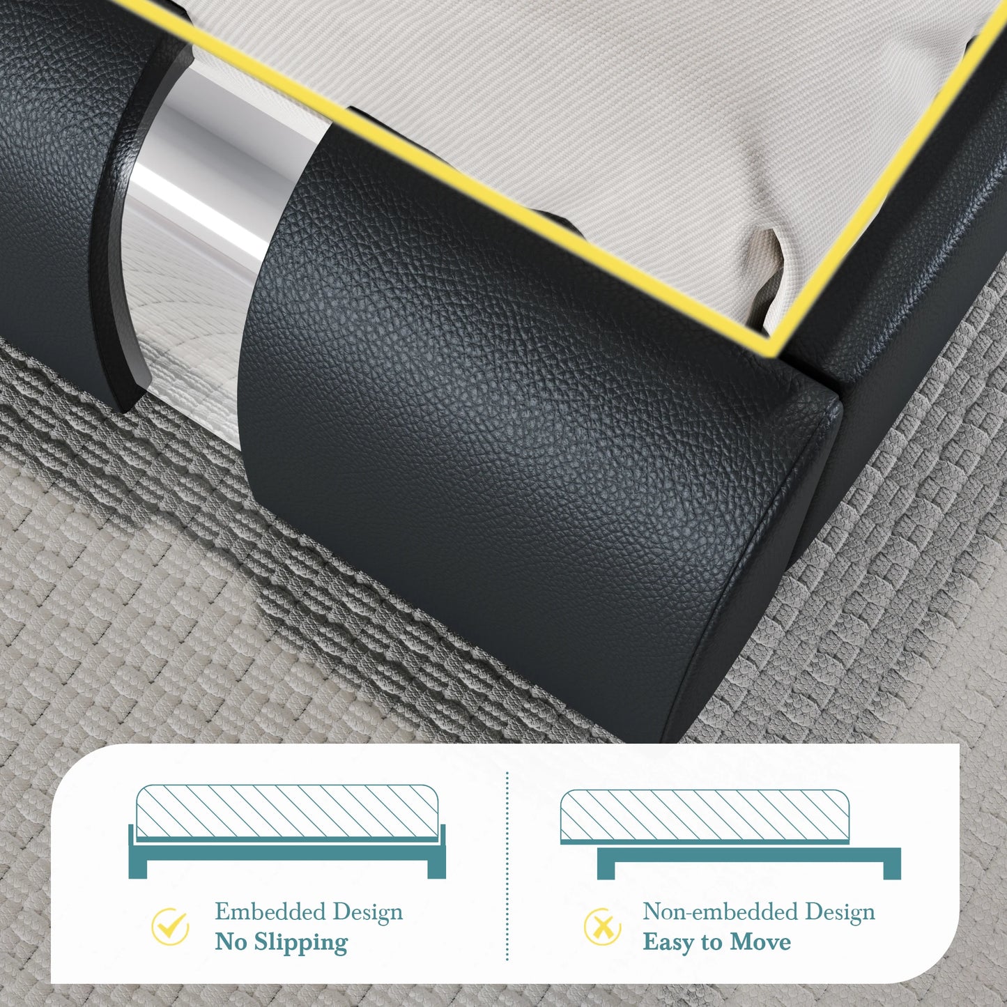 HOOMI Modern Faux Leather Bed Frame With Iron Accents