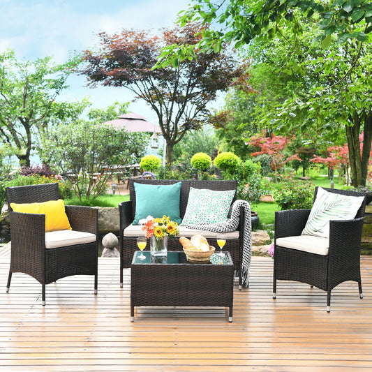 HOMASIS Rattan Patio Furniture Set Cushioned Sofa Chair Table