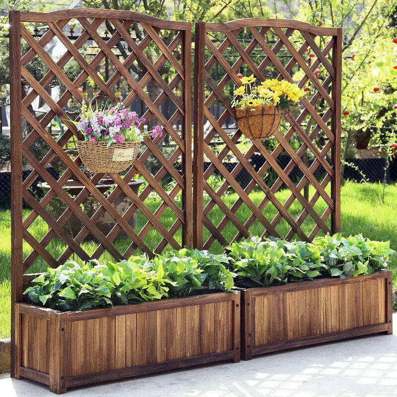 Raised Garden Bed Wooden Planter Box With Trellis