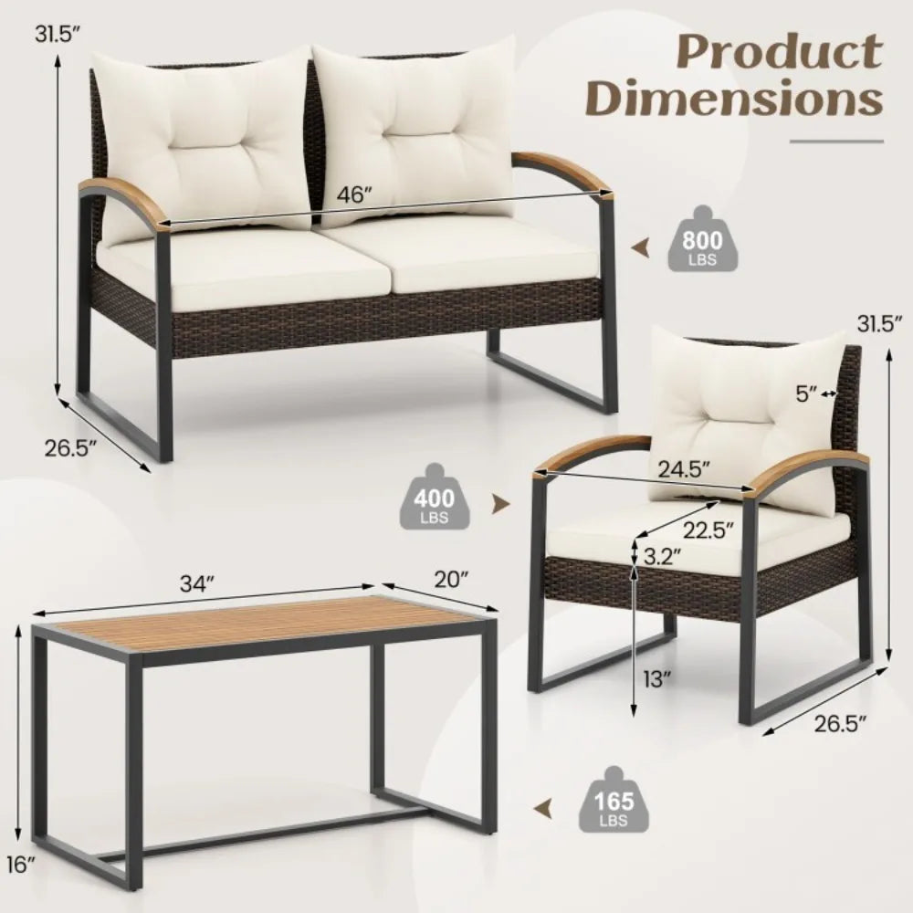 Patio Outdoor Rattan Conversation Sofa Set With Tabletop And Cushions